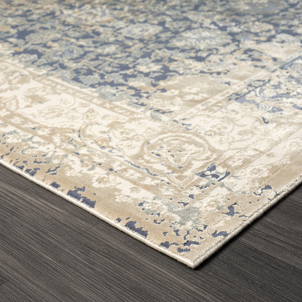 10' x 14' Blue and Ivory Square Floral Area Rug