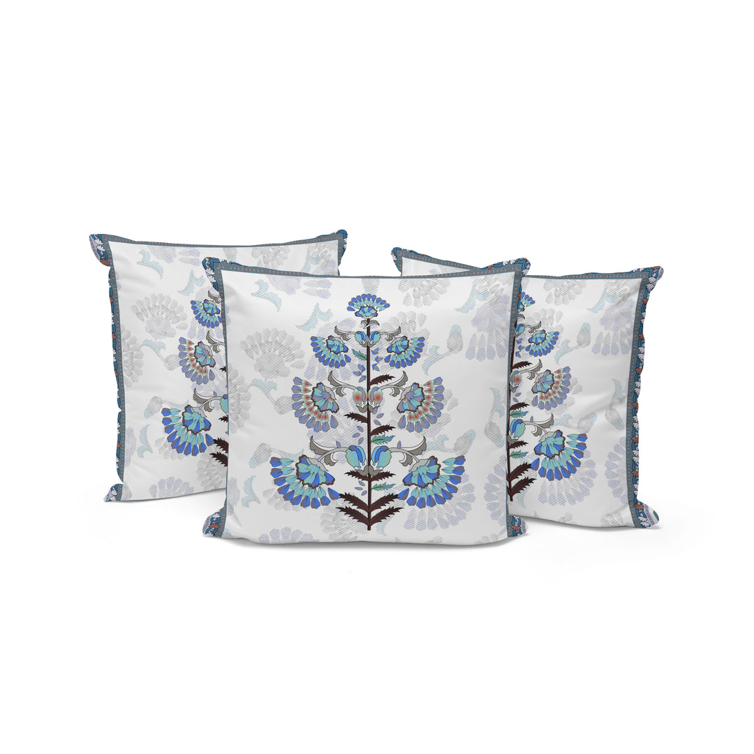 Set of Three 16" Blue and Off White Botanical Indoor Outdoor Throw Pillow Cover and Insert