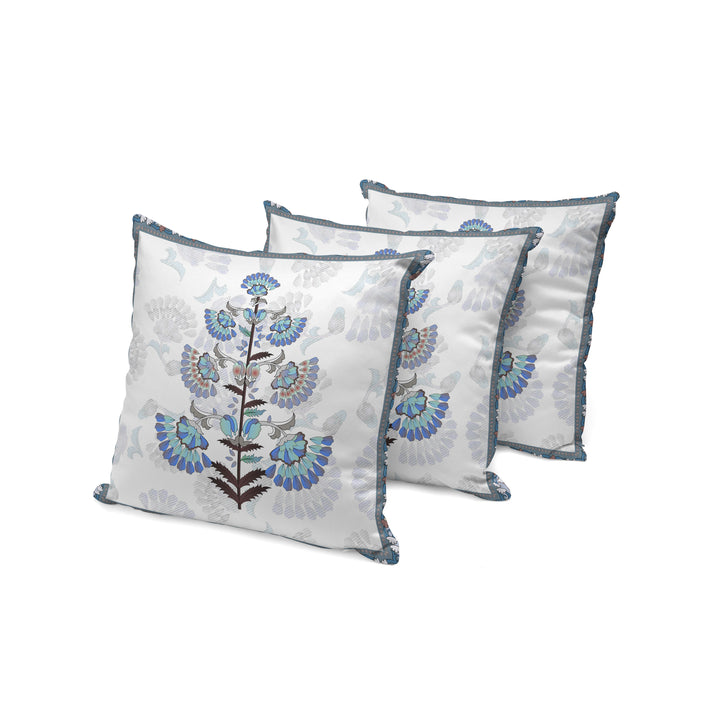 Set of Three 16" Blue and Off White Botanical Indoor Outdoor Throw Pillow Cover and Insert