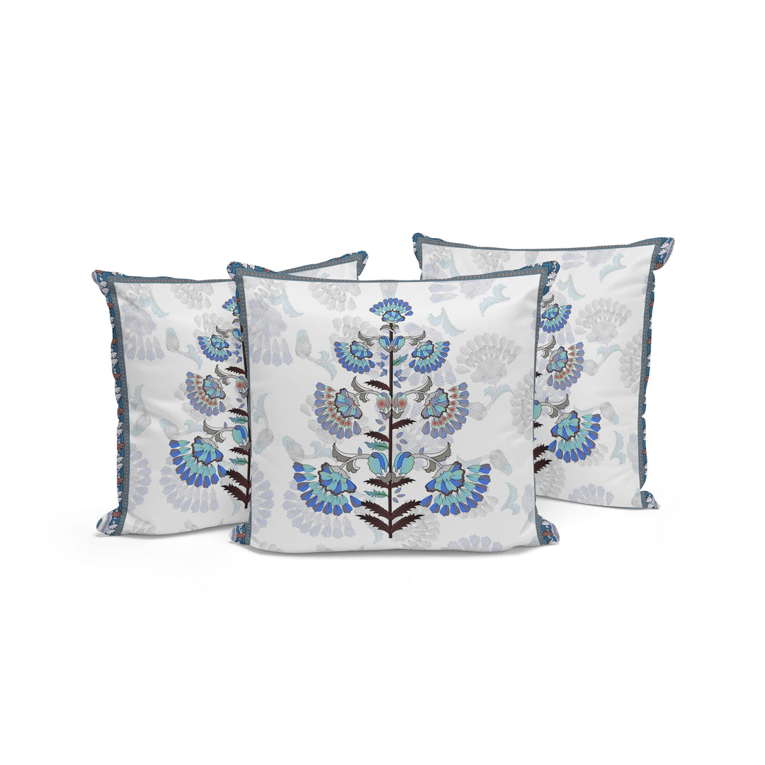 Set of Three 16" Blue and Off White Botanical Indoor Outdoor Throw Pillow Cover and Insert