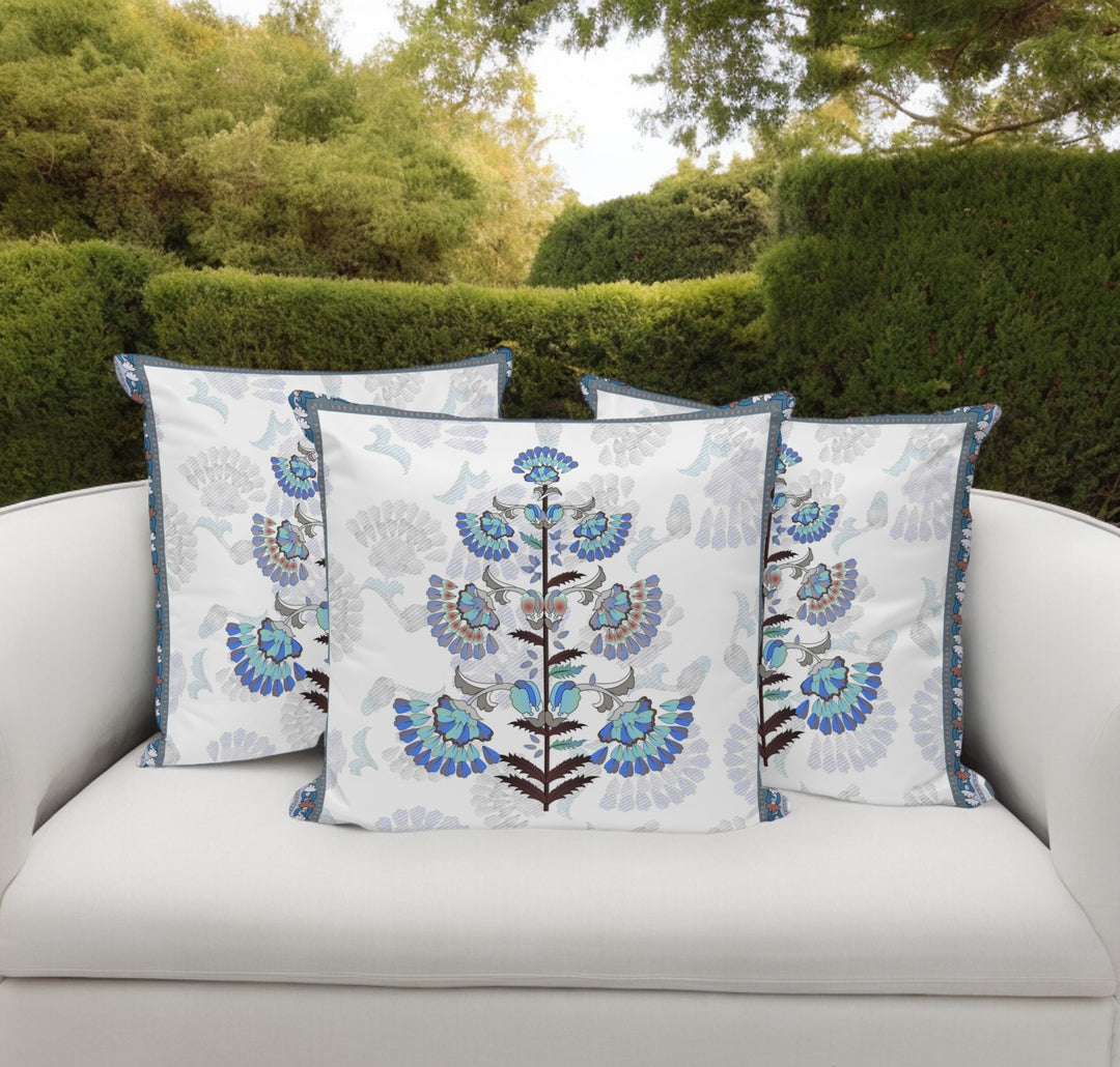 Set of Three 16" Blue and Off White Botanical Indoor Outdoor Throw Pillow Cover and Insert