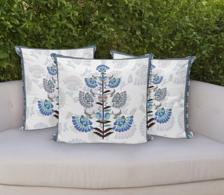 Set of Three 16" Blue and Off White Botanical Indoor Outdoor Throw Pillow Cover and Insert