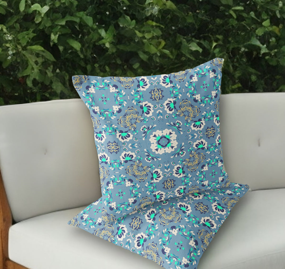 Set of Two 18" Blue Botanical Indoor Outdoor Throw Pillow Cover and Insert