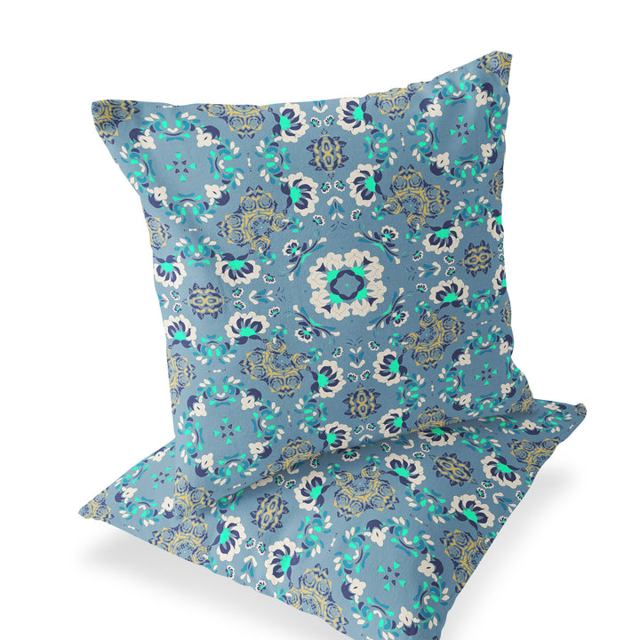 Set of Two 18" Blue Botanical Indoor Outdoor Throw Pillow Cover and Insert