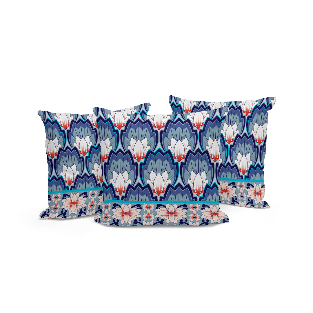 Set of Three 16" Blue and Orange Botanical Indoor Outdoor Throw Pillow Cover and Insert