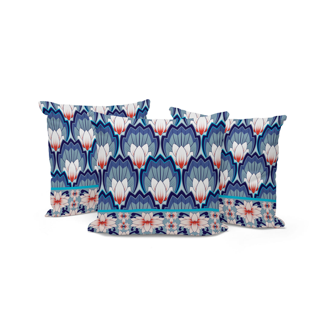 Set of Three 16" Blue and Orange Botanical Indoor Outdoor Throw Pillow Cover and Insert