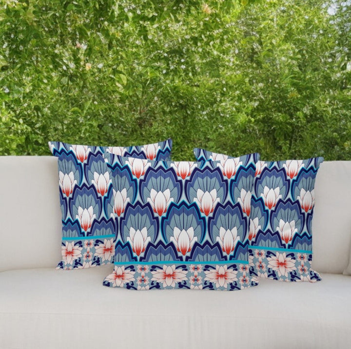 Set of Three 16" Blue and Orange Botanical Indoor Outdoor Throw Pillow Cover and Insert