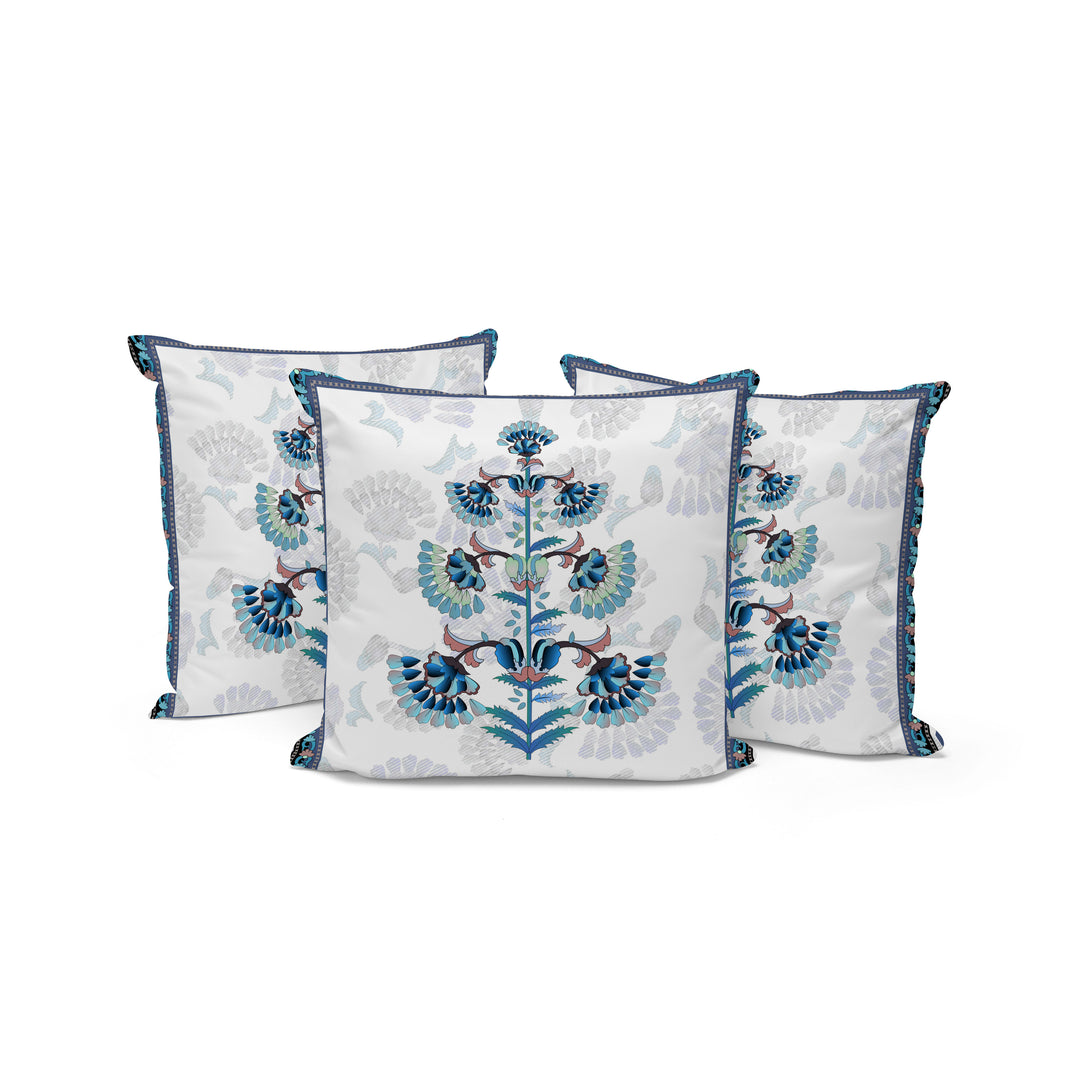 Set of Three 16" Blue and Off White Botanical Indoor Outdoor Throw Pillow Cover and Insert