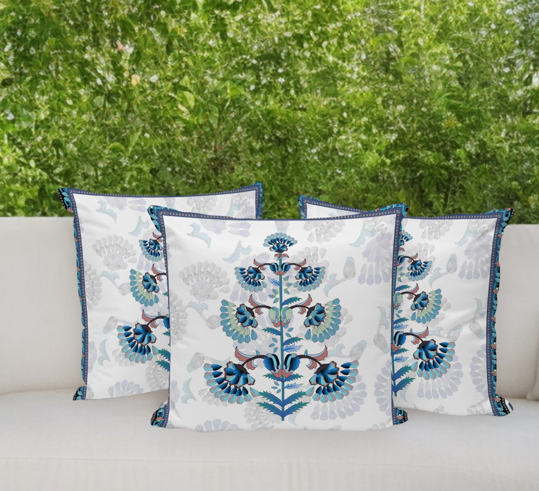 Set of Three 16" Blue and Off White Botanical Indoor Outdoor Throw Pillow Cover and Insert