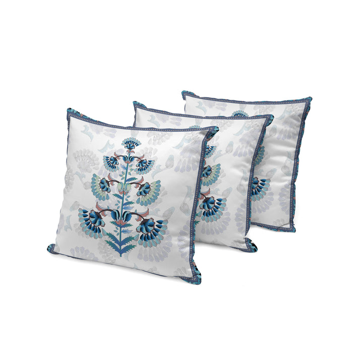 Set of Three 16" Blue and Off White Botanical Indoor Outdoor Throw Pillow Cover and Insert