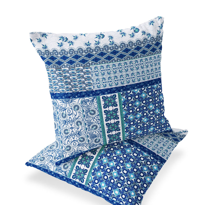 Set of Two 18" Blue Botanical Indoor Outdoor Throw Pillow Cover and Insert