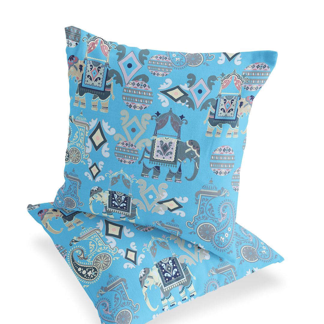 Set of Two 18" Blue Elephant Abstract Indoor Outdoor Throw Pillow Cover and Insert