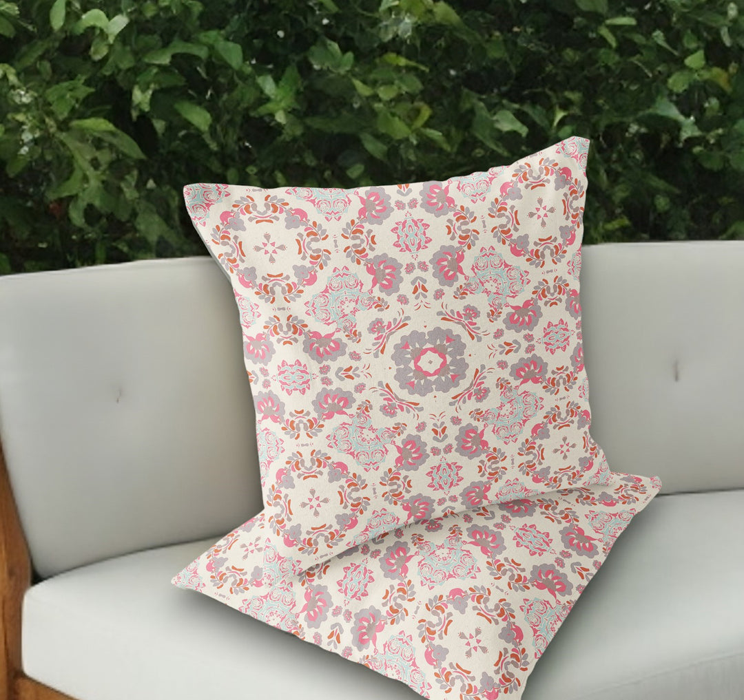 Set of Two 18" Pink Botanical Indoor Outdoor Throw Pillow Cover and Insert