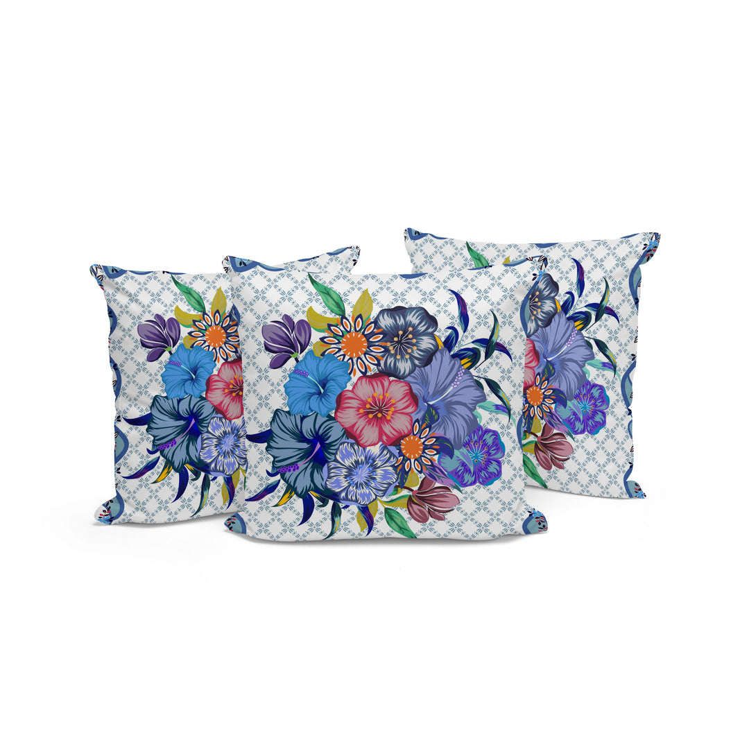 Set of Three 16" Blue and White Botanical Indoor Outdoor Throw Pillow Cover and Insert