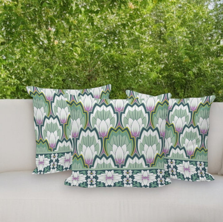 Set of Three 16" Green and Pink Botanical Indoor Outdoor Throw Pillow Cover and Insert