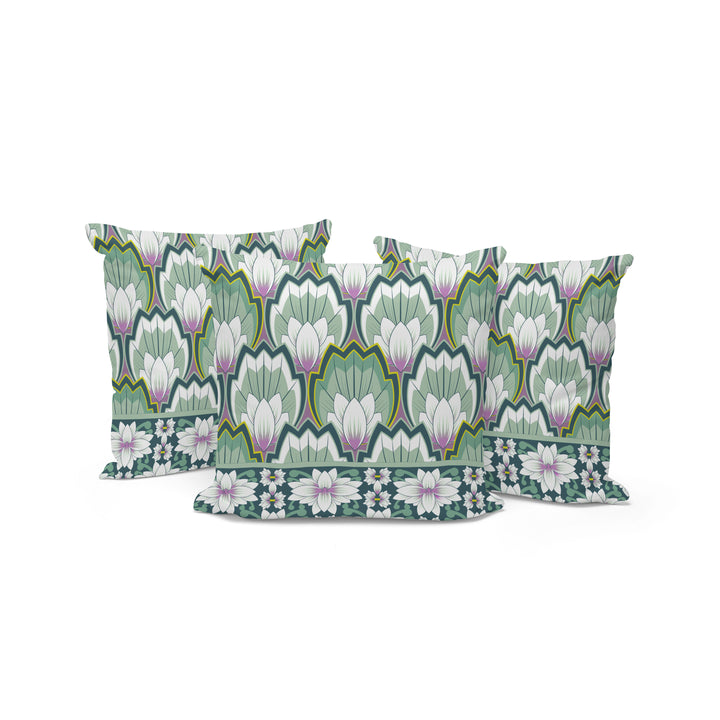 Set of Three 16" Green and Pink Botanical Indoor Outdoor Throw Pillow Cover and Insert