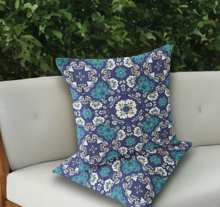 Set of Two 18" Blue Botanical Indoor Outdoor Throw Pillow Cover and Insert