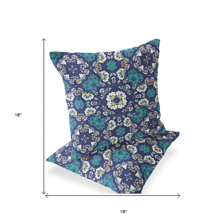 Set of Two 18" Blue Botanical Indoor Outdoor Throw Pillow Cover and Insert