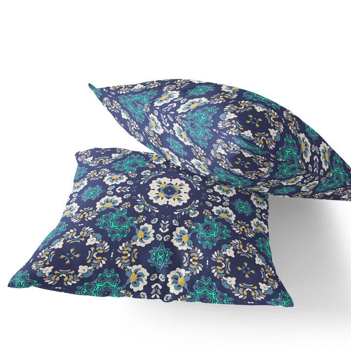 Set of Two 18" Blue Botanical Indoor Outdoor Throw Pillow Cover and Insert