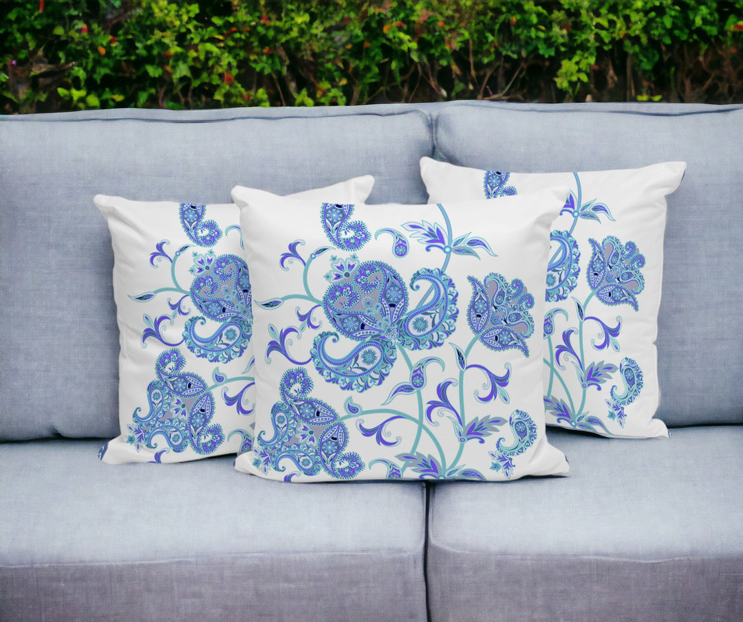 Set of Three 16" Blue and White Botanical Indoor Outdoor Throw Pillow Cover and Insert