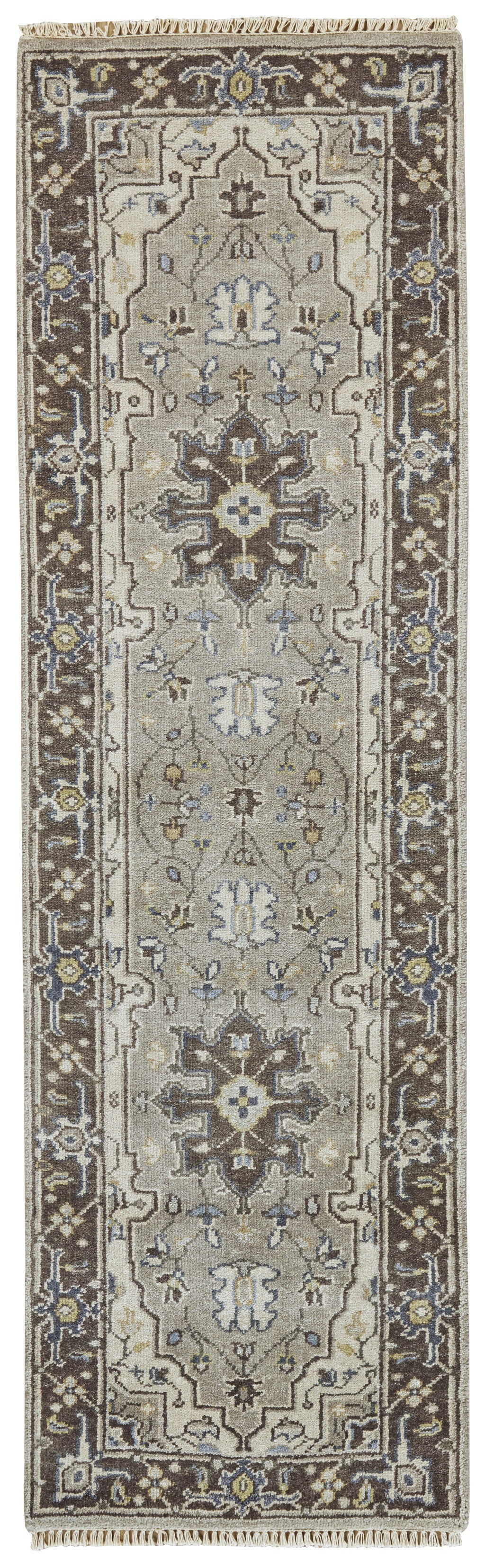 8' Beige Blue and Gray Medallion Hand Knotted Runner Rug With Fringe