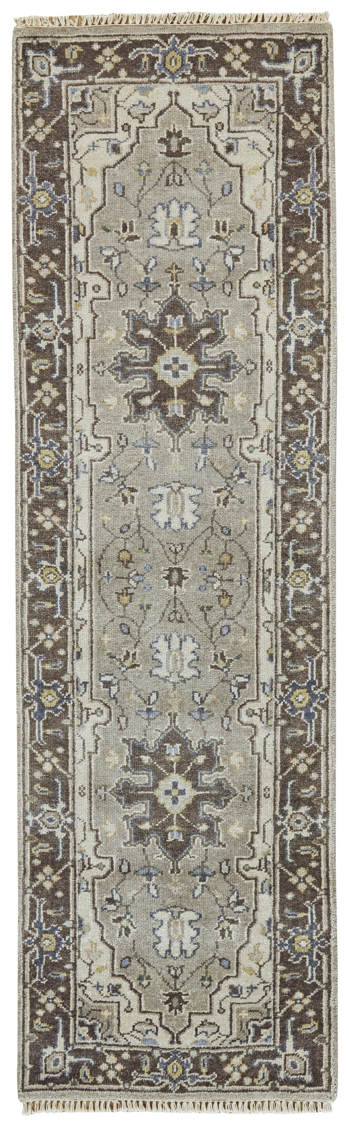 8' Beige Blue and Gray Medallion Hand Knotted Runner Rug With Fringe