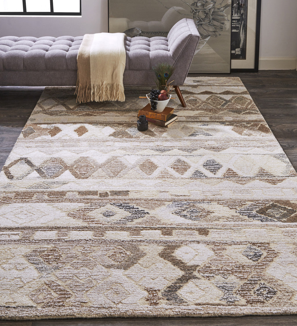 4' x 6' Beige Ivory and Gray Geometric Hand Tufted Distressed Area Rug