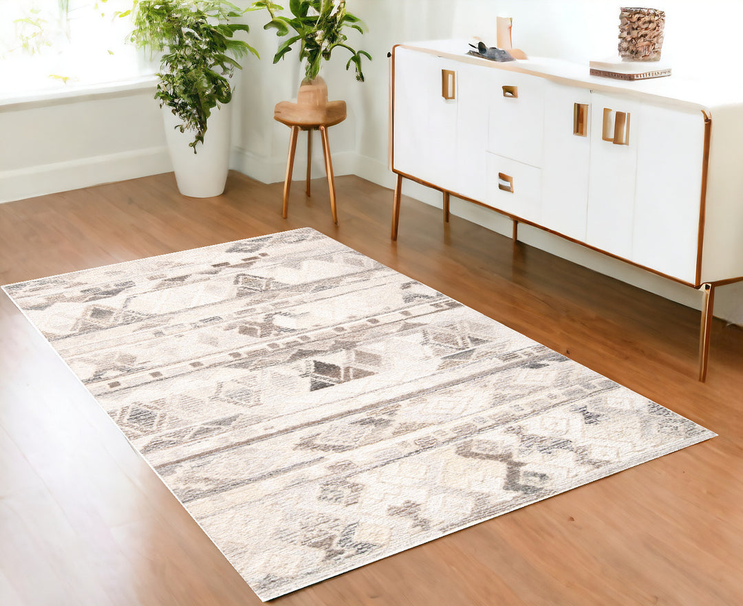 4' x 6' Beige Ivory and Gray Geometric Hand Tufted Distressed Area Rug