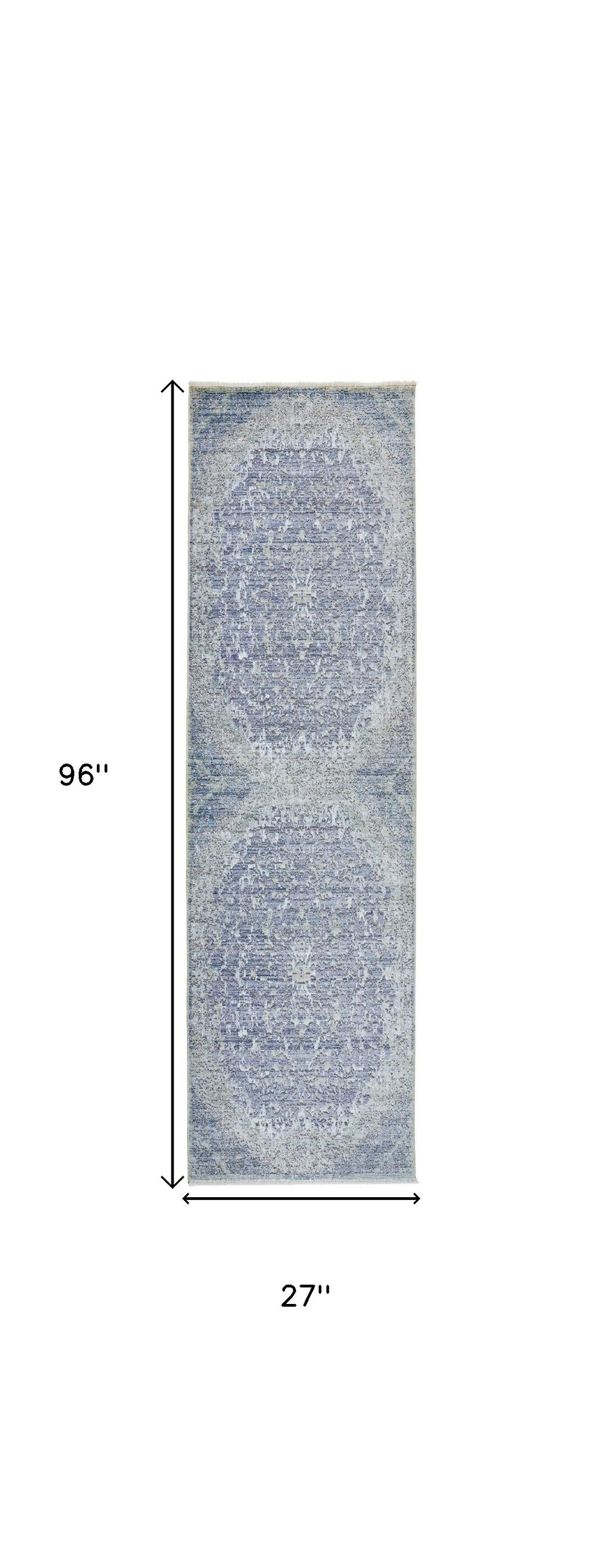 8' Blue and Gray Medallion Power Loom Distressed Runner Rug With Fringe