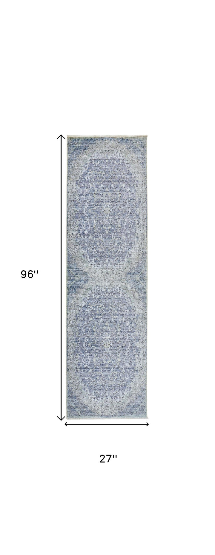 8' Blue and Gray Medallion Power Loom Distressed Runner Rug With Fringe