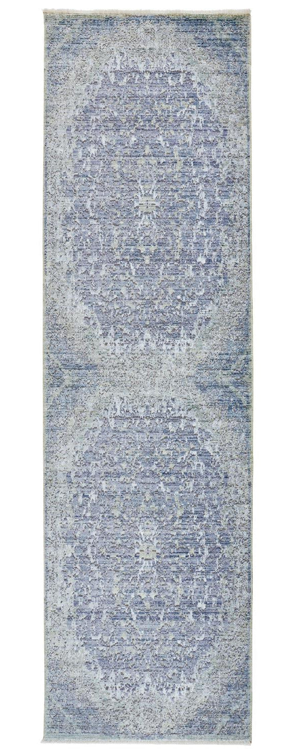8' Blue and Gray Medallion Power Loom Distressed Runner Rug With Fringe