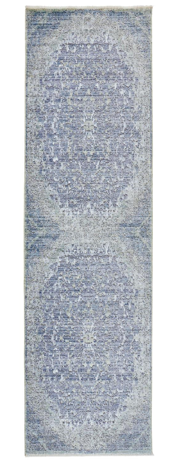 8' Blue and Gray Medallion Power Loom Distressed Runner Rug With Fringe