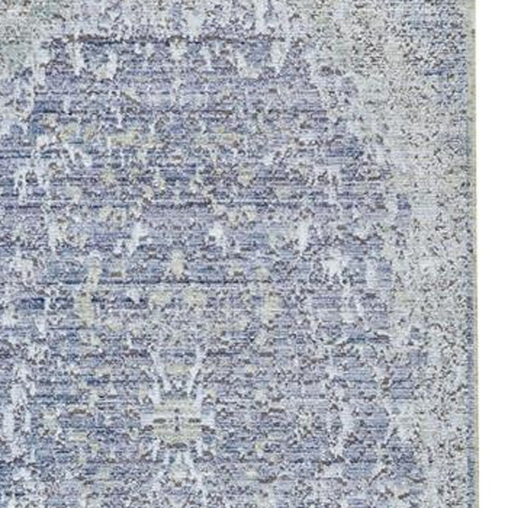 8' Blue and Gray Medallion Power Loom Distressed Runner Rug With Fringe