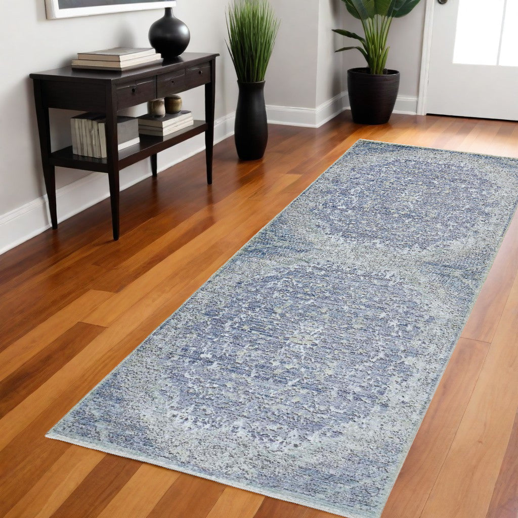8' Blue and Gray Medallion Power Loom Distressed Runner Rug With Fringe