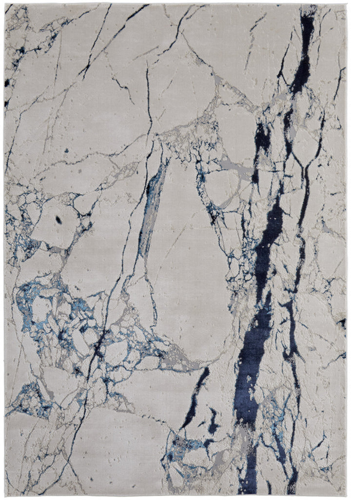 2' x 3' Ivory and Blue Marble Power Loom Distressed Area Rug