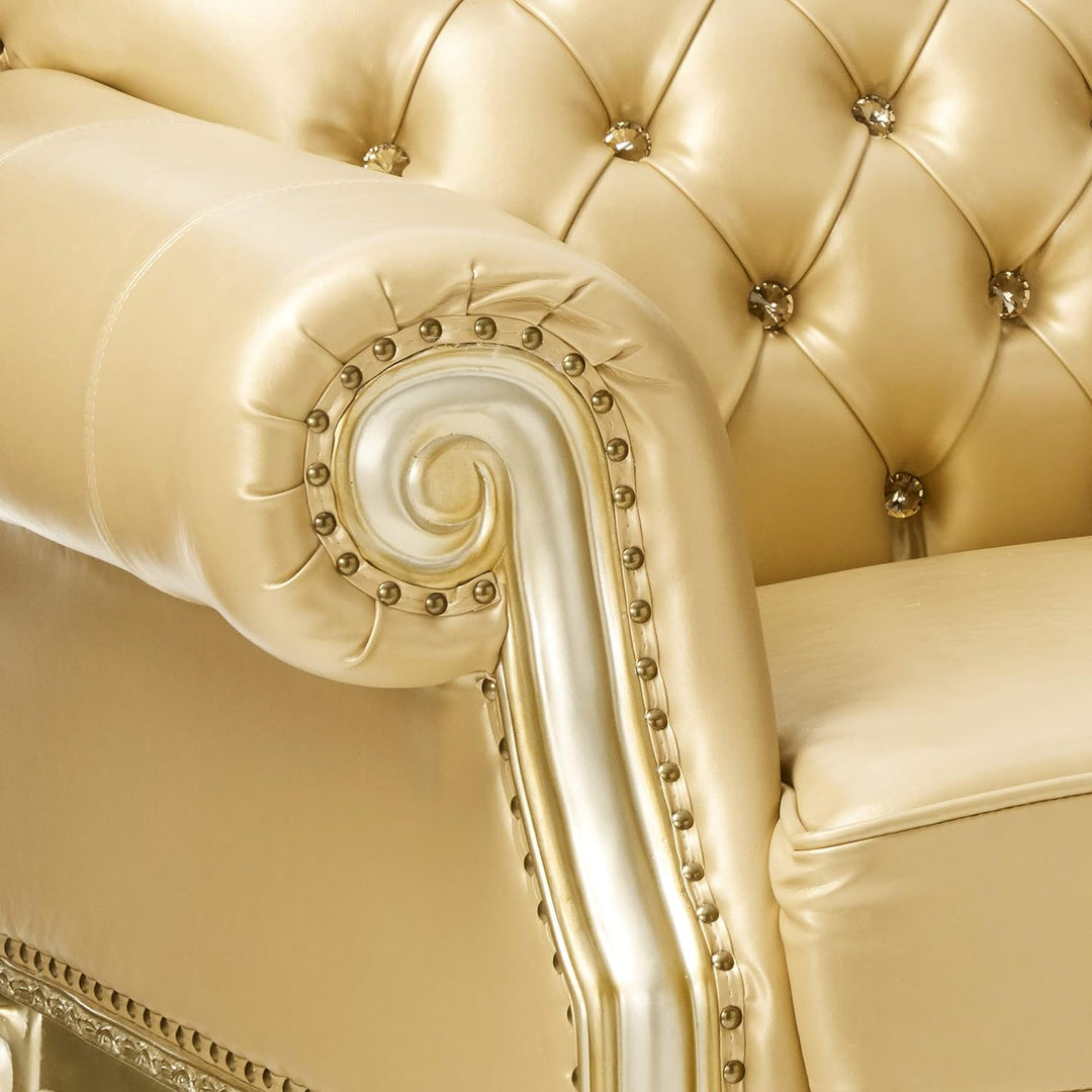 64" Bone And Gold Faux Leather Loveseat and Toss Pillows