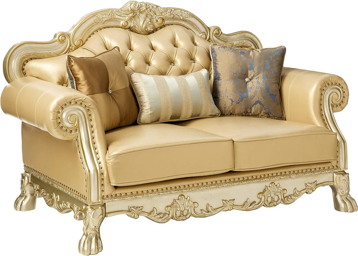 64" Bone And Gold Faux Leather Loveseat and Toss Pillows