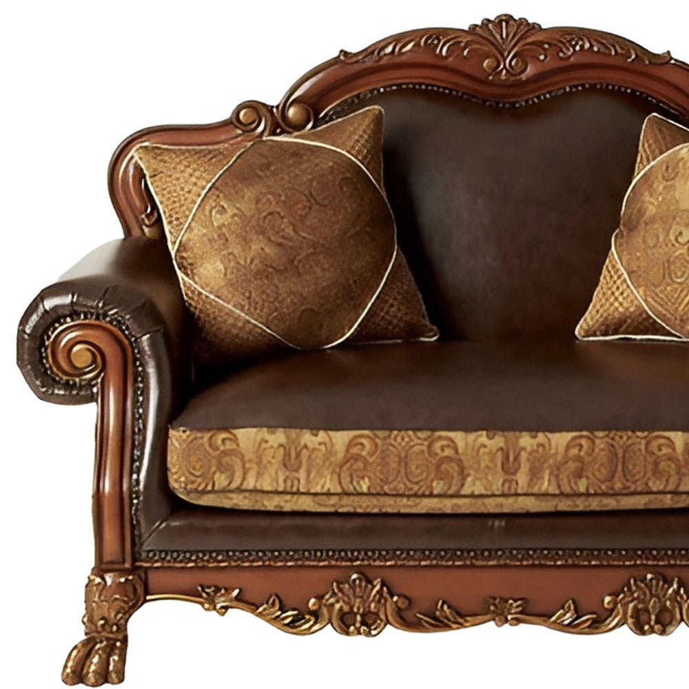 67" Brown Chenille Faux Leather And Cherry Oak Love Seat