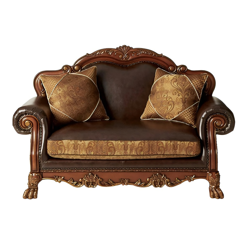 67" Brown Chenille Faux Leather And Cherry Oak Love Seat