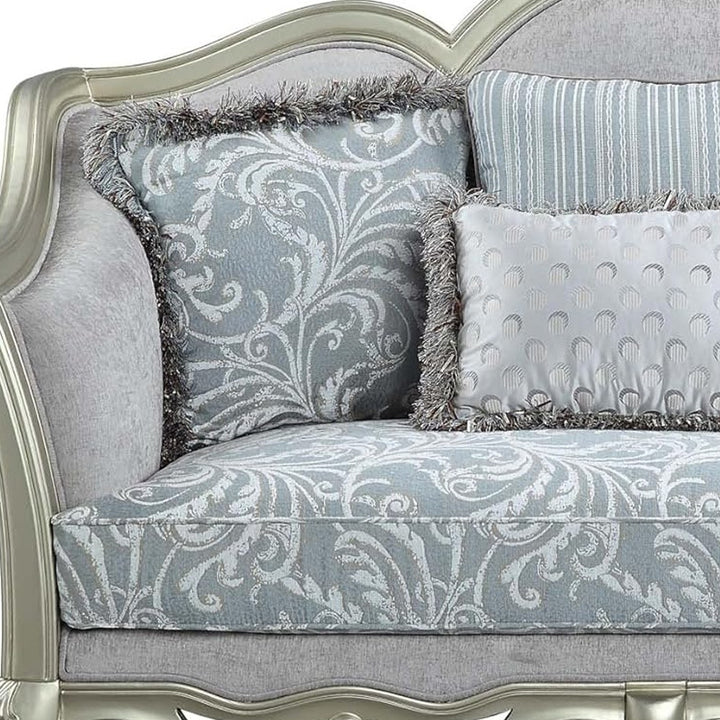 66" Light Gray Damask Linen And Champagne Curved Loveseat and Toss Pillows