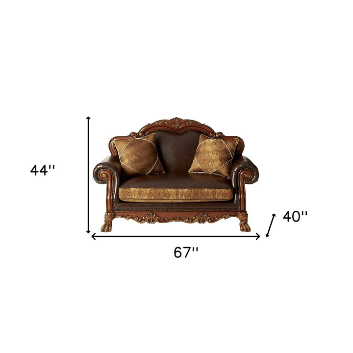 67" Brown Chenille Faux Leather And Cherry Oak Love Seat