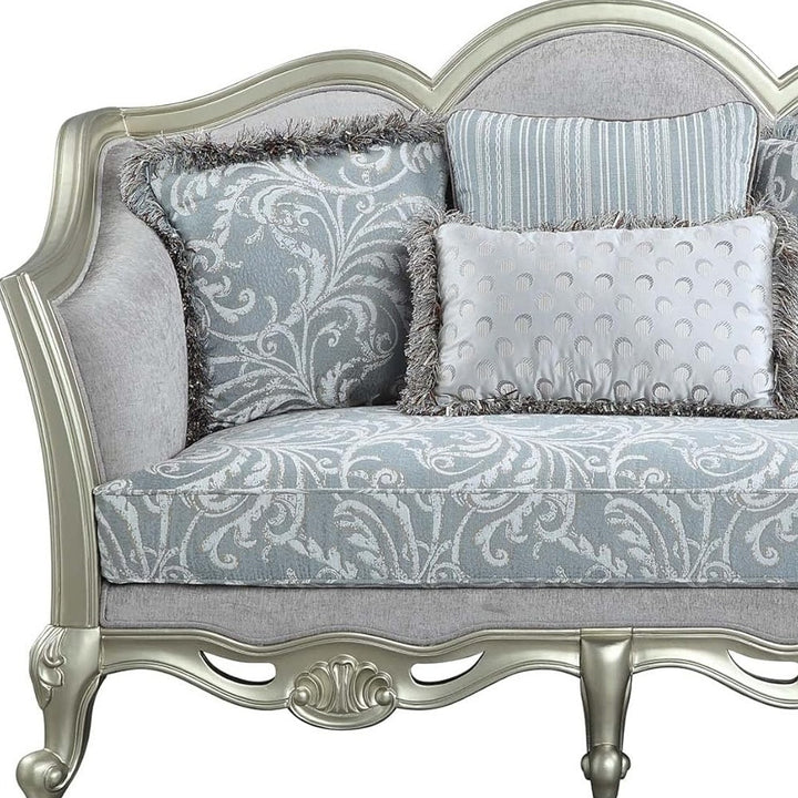 66" Light Gray Damask Linen And Champagne Curved Loveseat and Toss Pillows