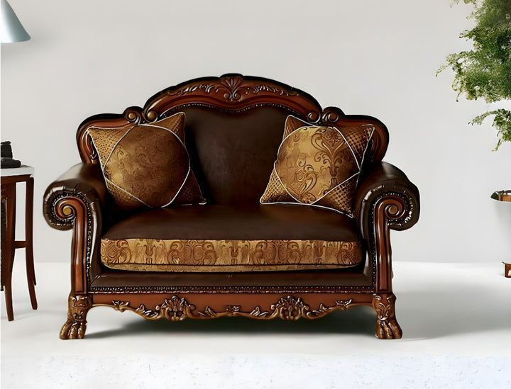 67" Brown Chenille Faux Leather And Cherry Oak Love Seat