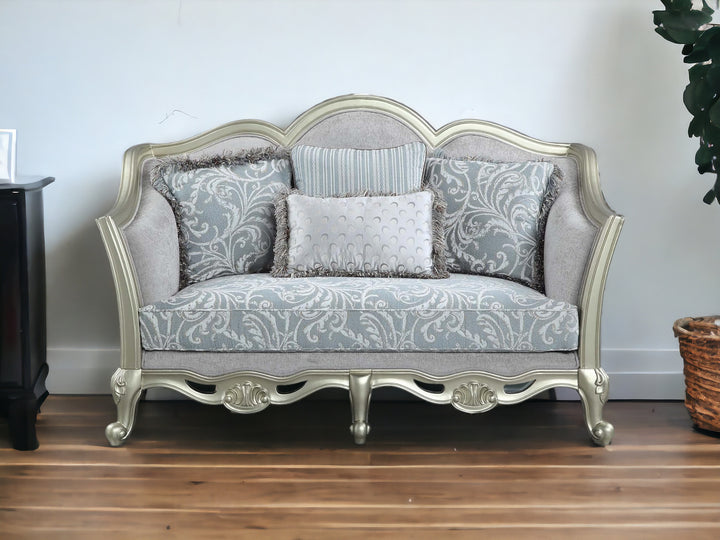 66" Light Gray Damask Linen And Champagne Curved Loveseat and Toss Pillows