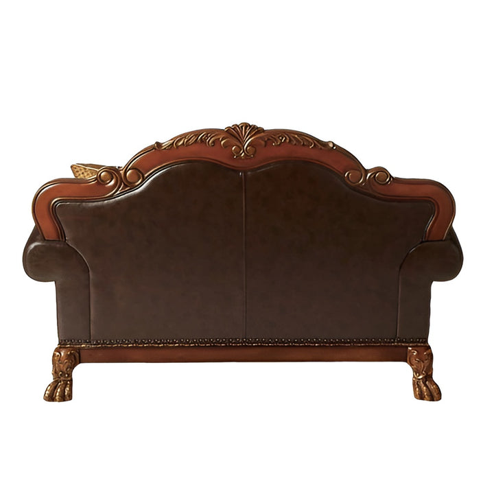 67" Brown Chenille Faux Leather And Cherry Oak Love Seat