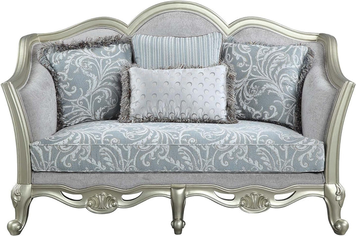 66" Light Gray Damask Linen And Champagne Curved Loveseat and Toss Pillows