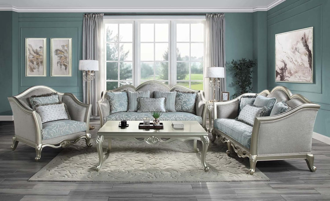 66" Light Gray Damask Linen And Champagne Curved Loveseat and Toss Pillows