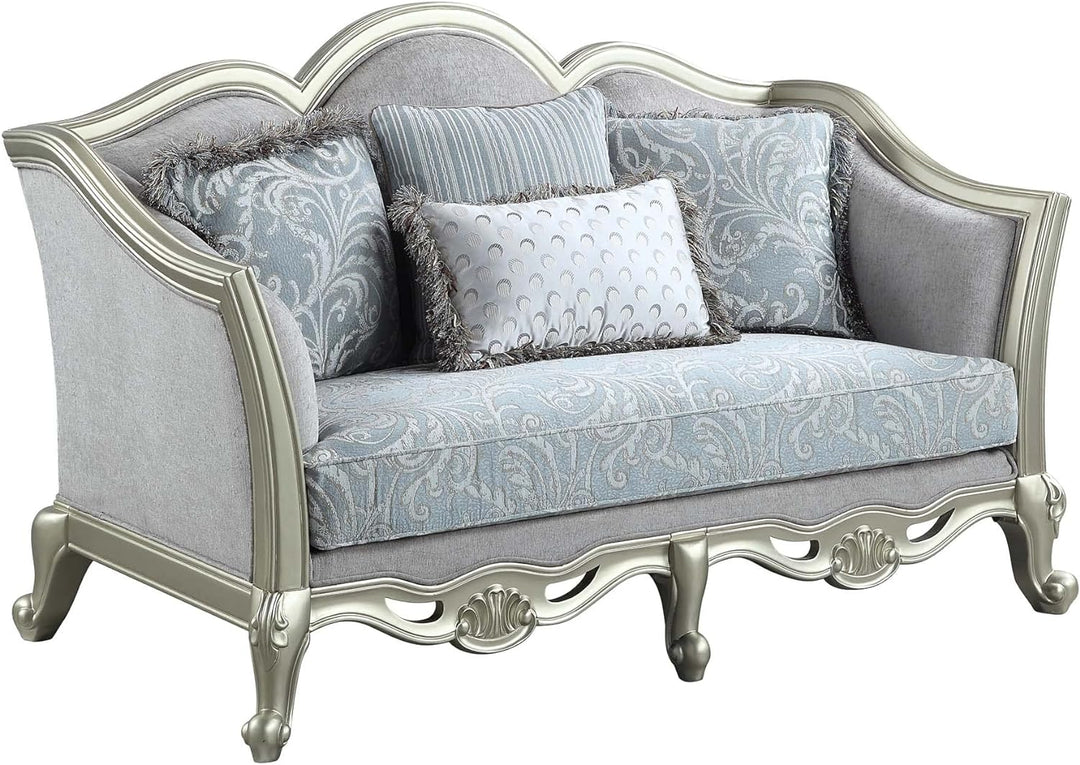 66" Light Gray Damask Linen And Champagne Curved Loveseat and Toss Pillows