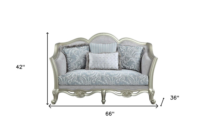 66" Light Gray Damask Linen And Champagne Curved Loveseat and Toss Pillows