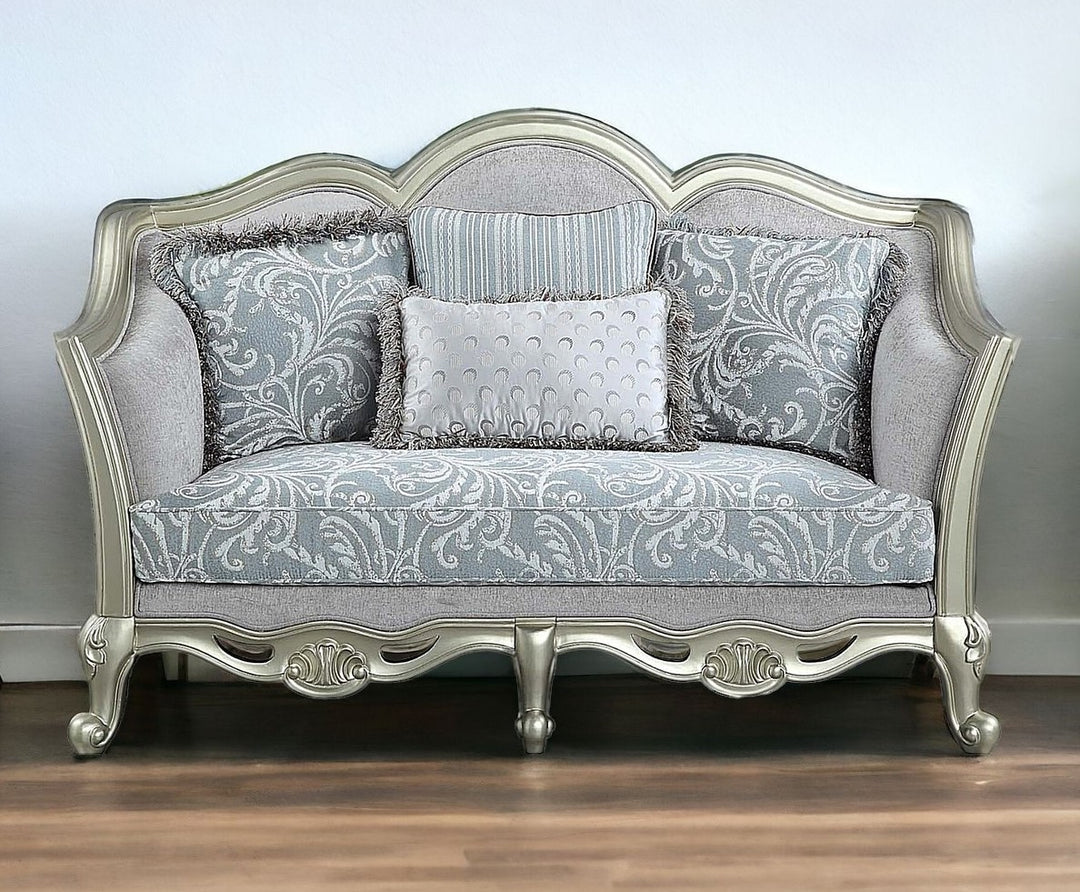 66" Light Gray Damask Linen And Champagne Curved Loveseat and Toss Pillows